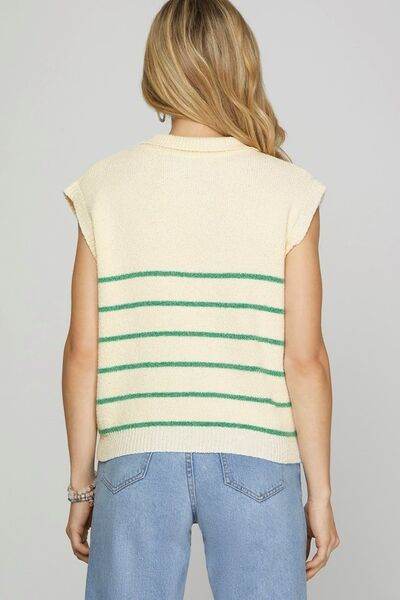 She + Sky Ribbed Hem Striped Half Zip Sweater Vest Plus Size - us.meeeshop