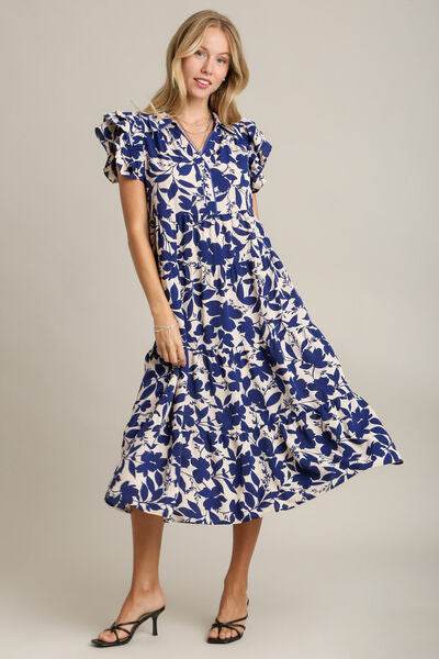 Umgee Floral Collared Ruffle Cap Sleeve Midi Dress Plus Size - us.meeeshop