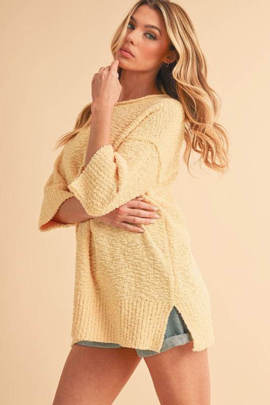 Aemi + Co Side Slit Ribbed Hem Round Neck Sweater - us.meeeshop