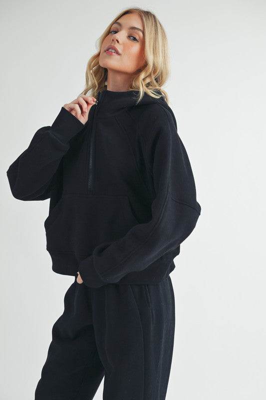 Aemi + Co Half Zip Raglan Sleeve Hoodie with Kangaroo Pocket in Black - us.meeeshop