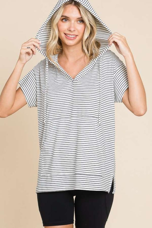 Culture Code Full Size Striped Short Sleeve Hooded Top In Black | us.meeeshop
