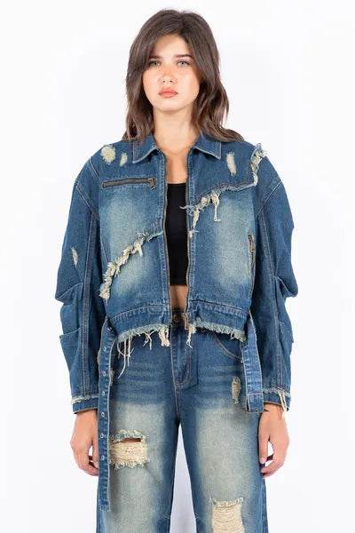 American Bazi Distressed Frayed Edge Zip Up Denim Jacket - us.meeeshop