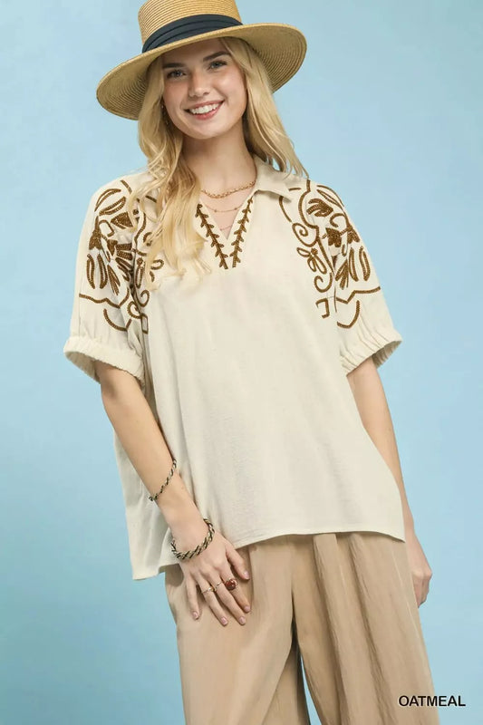 Umgee Floral Embroidered Sleeve Blouse (women's shirts & tops) - shop at us.meeeshop