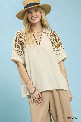 Umgee Floral Embroidered Sleeve Blouse