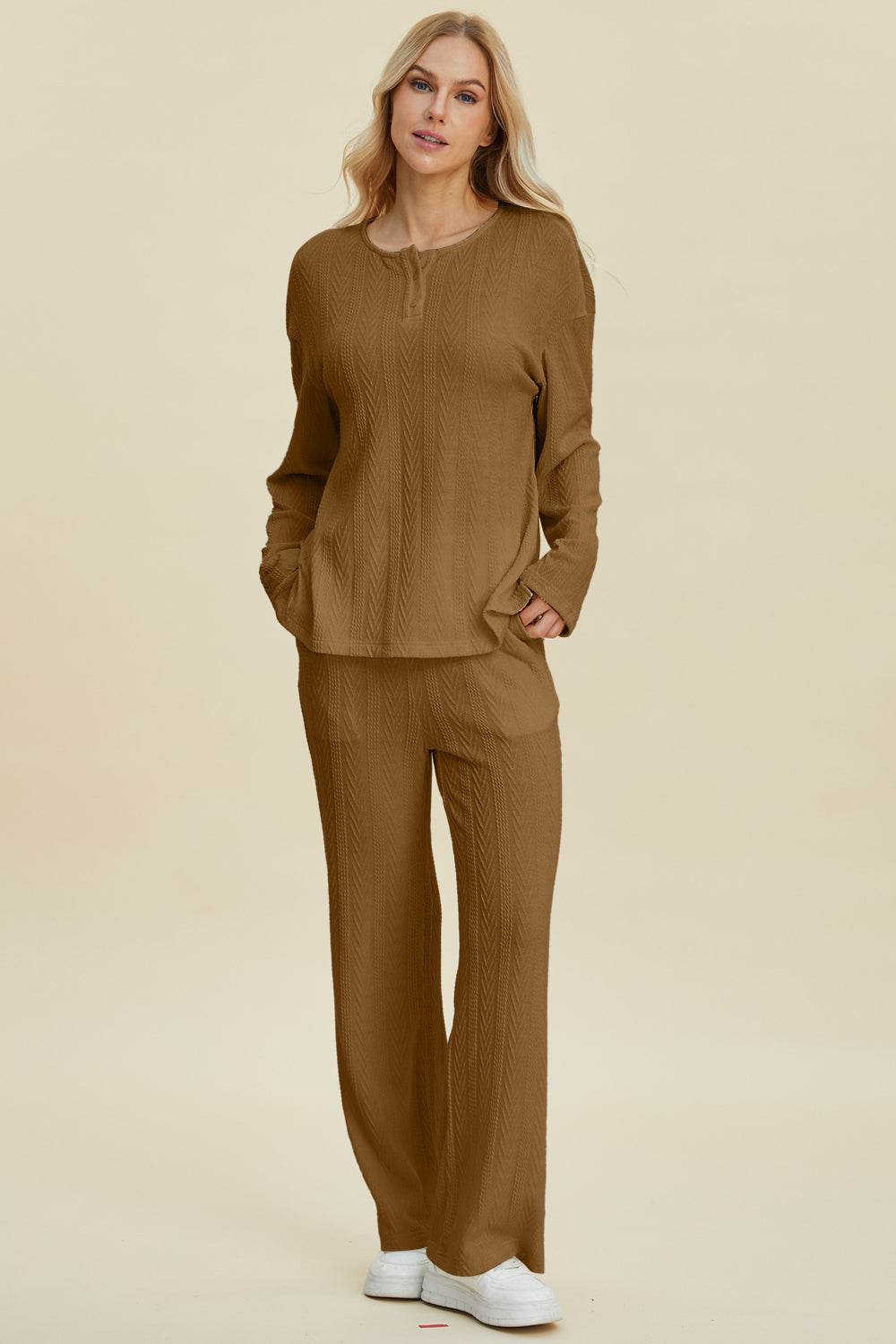 Double Take Full Size Cable-Knit Long Sleeve Top and Pants Set - us.meeeshop