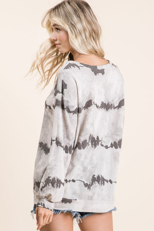 BiBi Tie-Dye French Terry Round Neck Long Sleeve T-Shirt - us.meeeshop