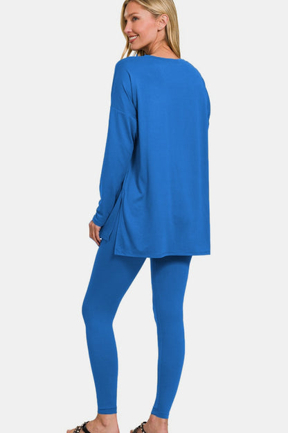 Zenana Full Size Brushed Microfiber Top and Leggings Lounge Set In Blue