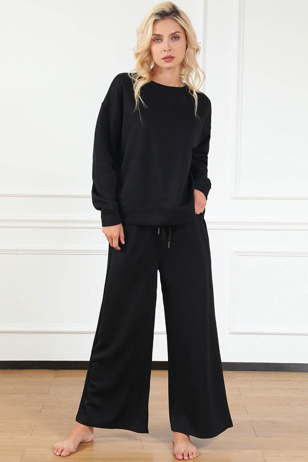 Double Take Full Size Textured Long Sleeve Top and Drawstring Pants Set - us.meeeshop