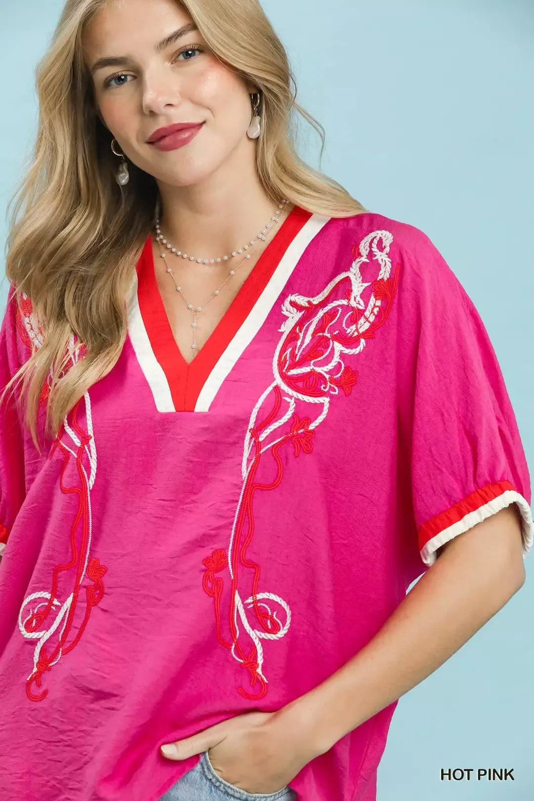 umgee embroidered floral Umgee Embroidered Floral V-neck Short Sleeve Blouse with Contrast Trim view 3 (top) - shop at us.mee