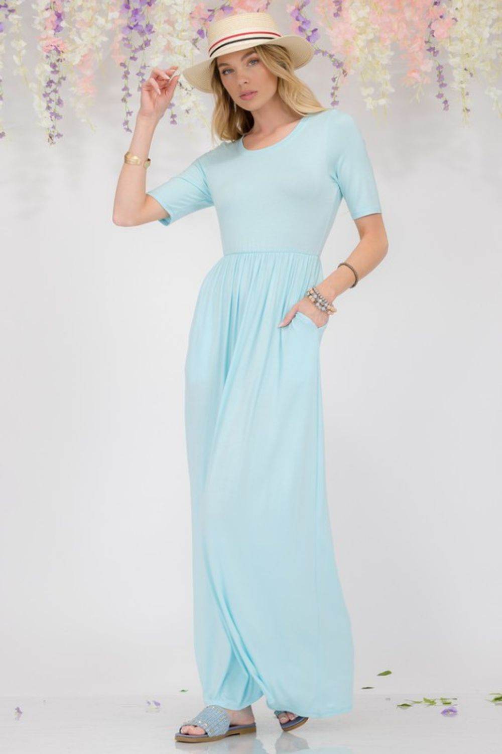 Celeste | Round Neck Short Sleeve Maxi Dress with Pockets Plus Size - us.meeeshop