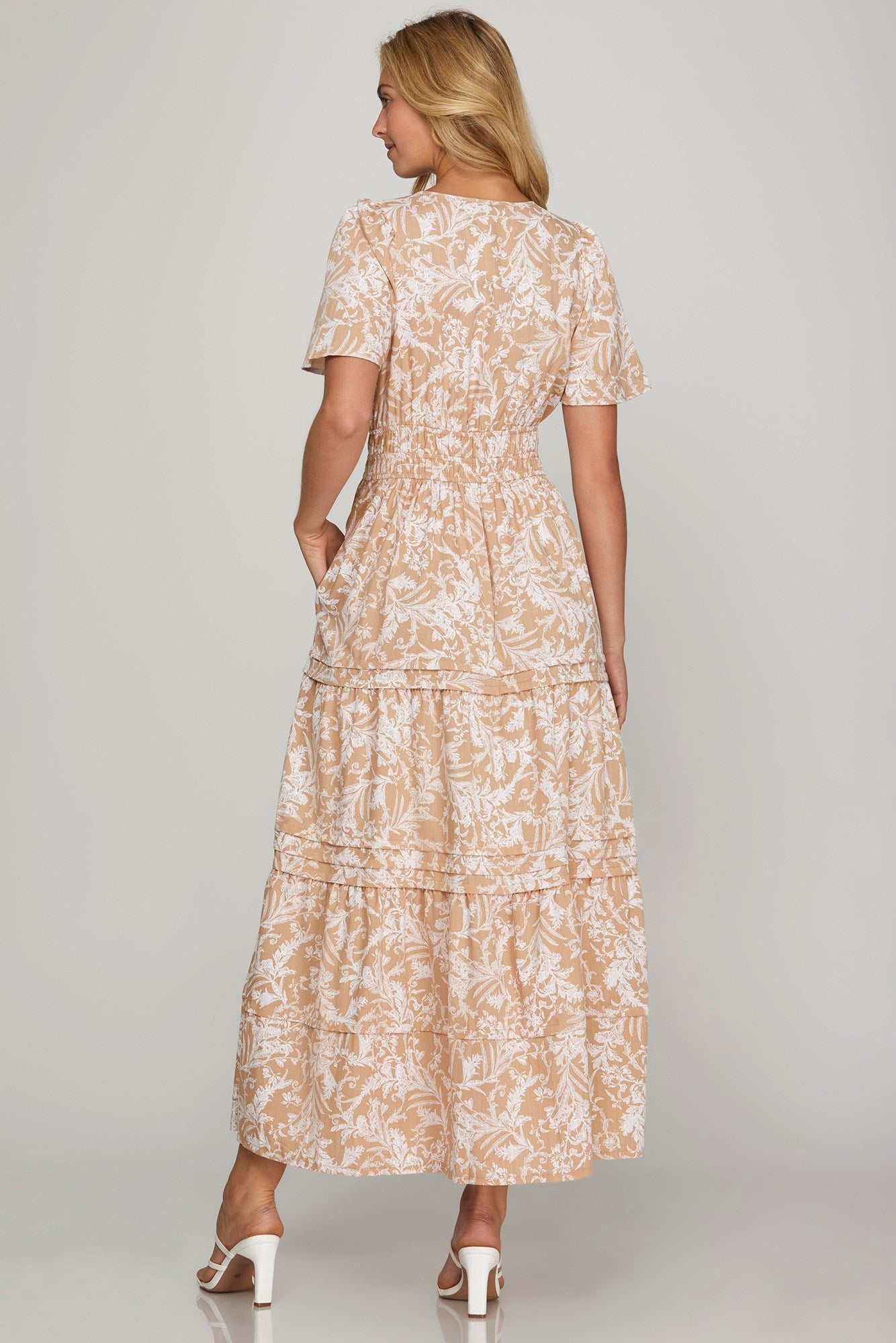 She + Sky Printed Notched Woven Tiered Pintuck Maxi Dress with Side Pockets - us.meeeshop