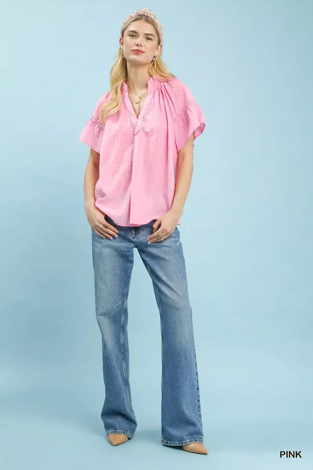 umgee gingham puff Umgee Gingham Puff Sleeve Top with Lace Trim view 5 (top) - shop at us.meeeshop