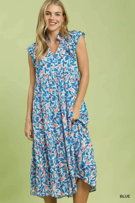 Umgee Leaf Print Midi Tiered Dress with Side Pockets (women's dresses) - shop at us.meeeshop