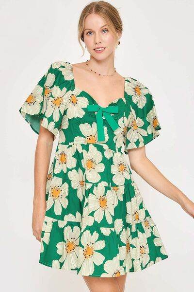 Umgee Daisy Print Mini Dress with Ribbon Details Plus Size - us.meeeshop