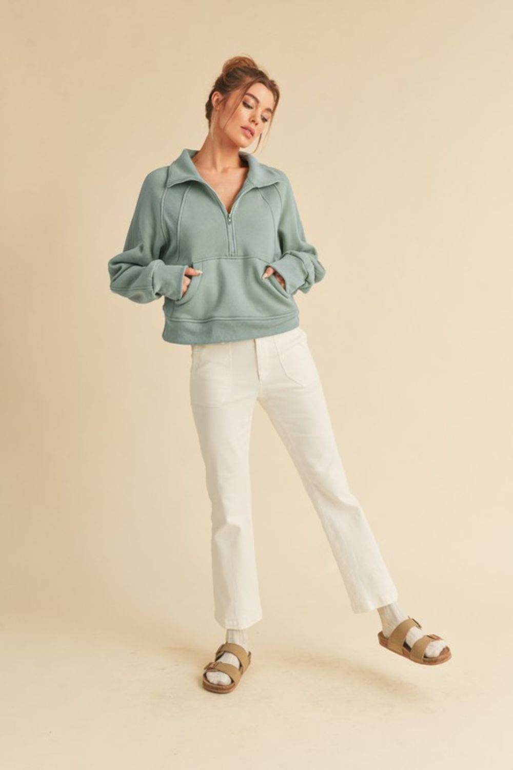 Aemi + Co Half Zip Raglan Sleeve Hoodie with Kangaroo Pocket in Pale Blue - us.meeeshop