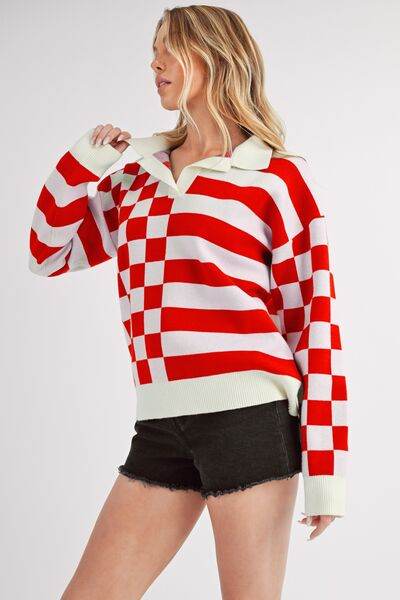 Aemi + Co Striped & Checkered Drop Shoulder Sweater - us.meeeshop