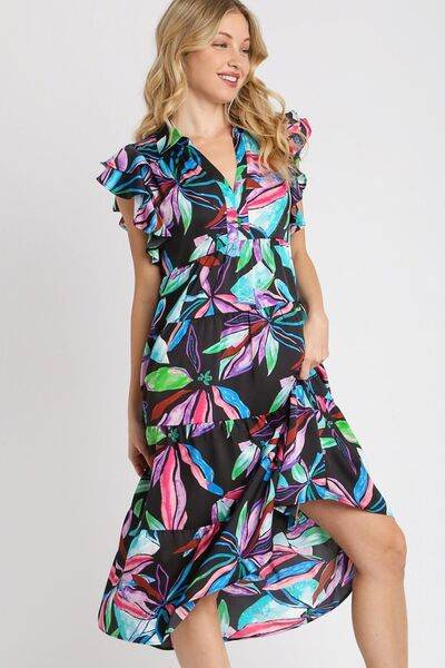 Umgee Leaf Print Double Layered Ruffle Sleeve Tiered Midi Dress Plus Size - us.meeeshop