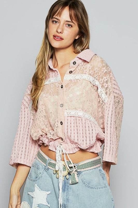 POL Lace Drawstring Hem Button Up 3/4 Sleeve Shacket - us.meeeshop