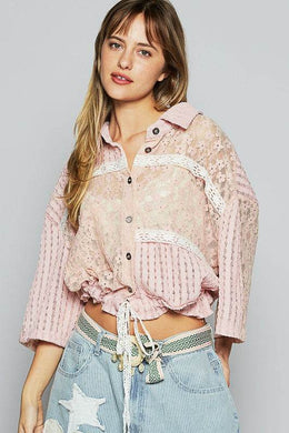 POL Lace Drawstring Hem Button Up 3/4 Sleeve Shacket