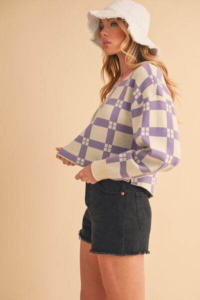 Aemi + Co Plaid Round Neck Drop Shoulder Cropped Sweater - us.meeeshop