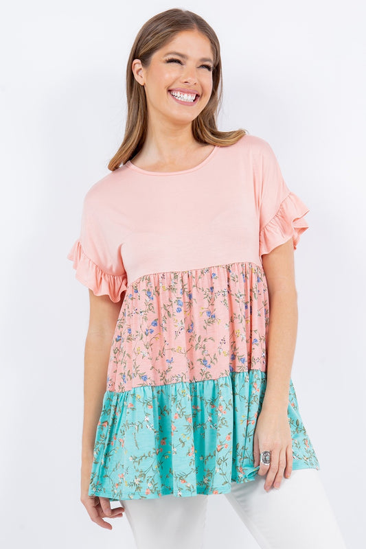 Celeste Full Size Floral Color Block Ruffled Short Sleeve Top | us.meeeshop