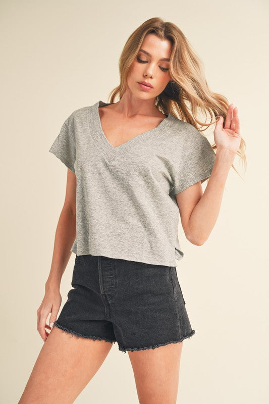 Aemi + Co Side Slit V-Neck Short Sleeve Cropped T-Shirt in Light Gray - us.meeeshop