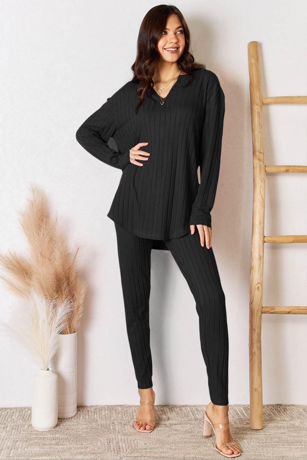 Basic Bae Notched Long Sleeve Top and Pants Set - us.meeeshop