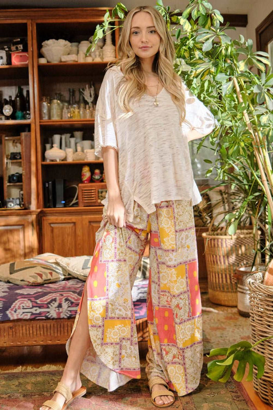 And The Why Printed Smocking Waist Side Slit Wide Leg Pants | us.meeeshop