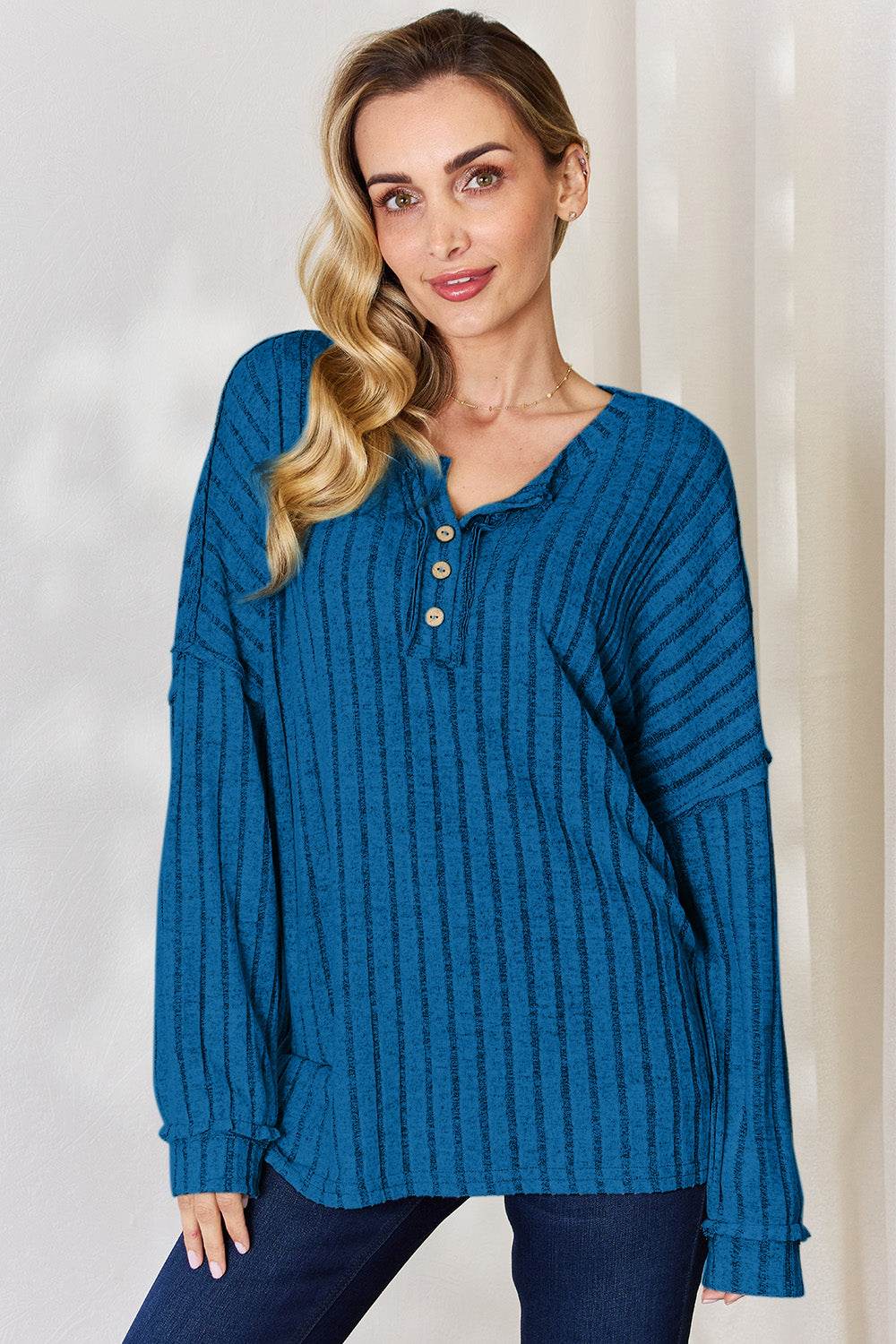 Ribbed Half Button Long Sleeve T-Shirt - us.meeeshop