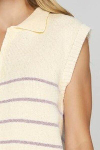 She + Sky Ribbed Hem Striped Half Zip Sweater Vest - us.meeeshop