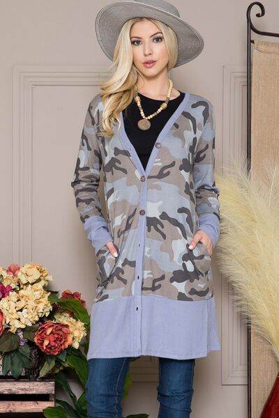 Celeste Camouflage Button Up Long Sleeve Cardigan Plus Size - us.meeeshop