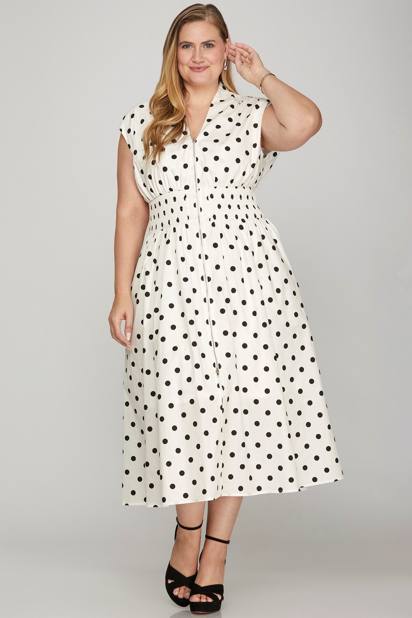 She + Sky Front Zip Polka Dots Cap Sleeve Midi Dress in OFF WHITE - us.meeeshop