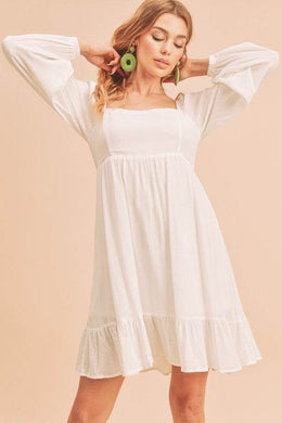 Aemi + Co Ruffled Hem Square Neck Balloon Sleeve Mini Dress in White