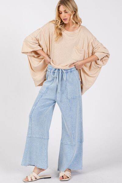 SAGE + FIG Waffle Textured Wide Leg Mineral Washed Pants - us.meeeshop