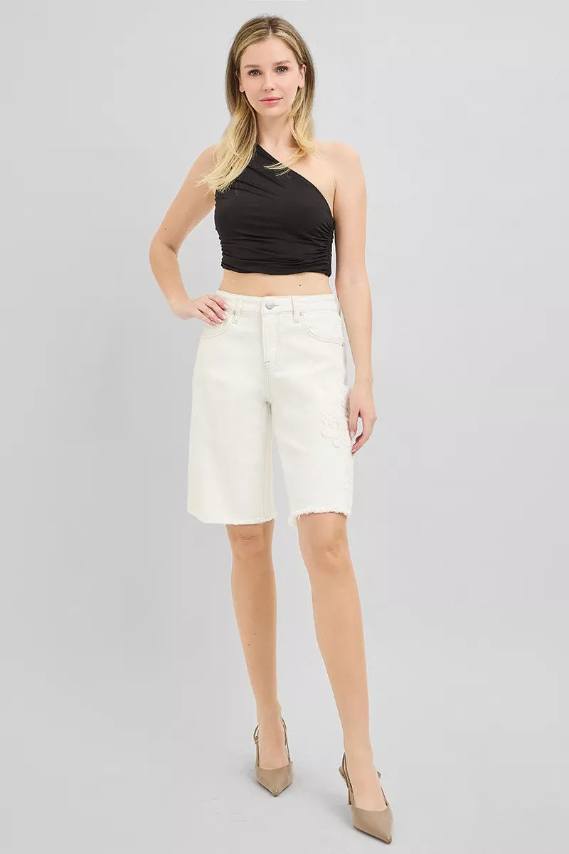 risen slouchy relaxed Risen Slouchy Relaxed Floral Embroidered Bermuda Denim Shorts view 8 (bottom) - shop at us.meeeshop