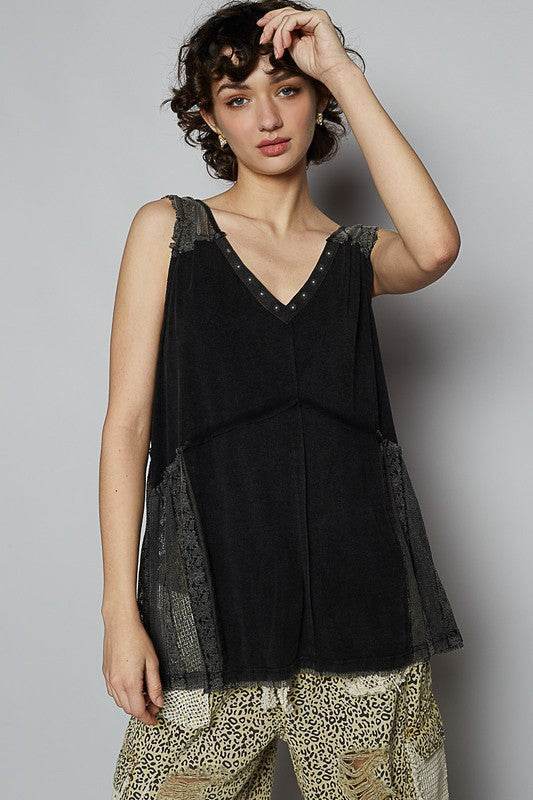 POL Lace Detail Studded Crisscross Back V-Neck Sleeveless Top - us.meeeshop