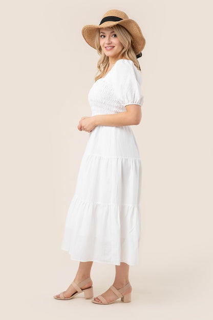 Lilou Tiered long dress with puff sleeves | us.meeeshop