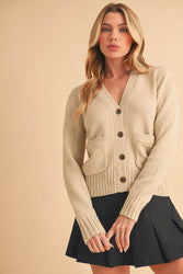 Aemi + Co Ribbed Hem Button Down V-Neck Cardigan