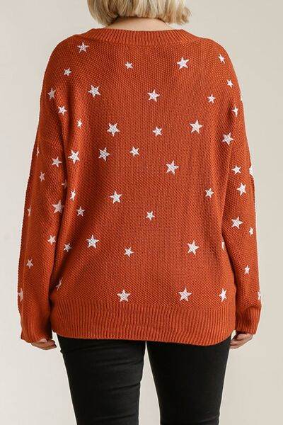 Umgee Star V-Neck Long Sleeve Sweater Plus Size - us.meeeshop