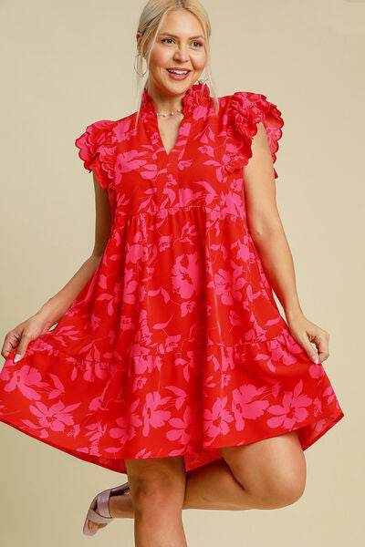 Umgee Two Tone Floral Print Ruffle Cap Sleeve Mini Dress Plus Size - us.meeeshop