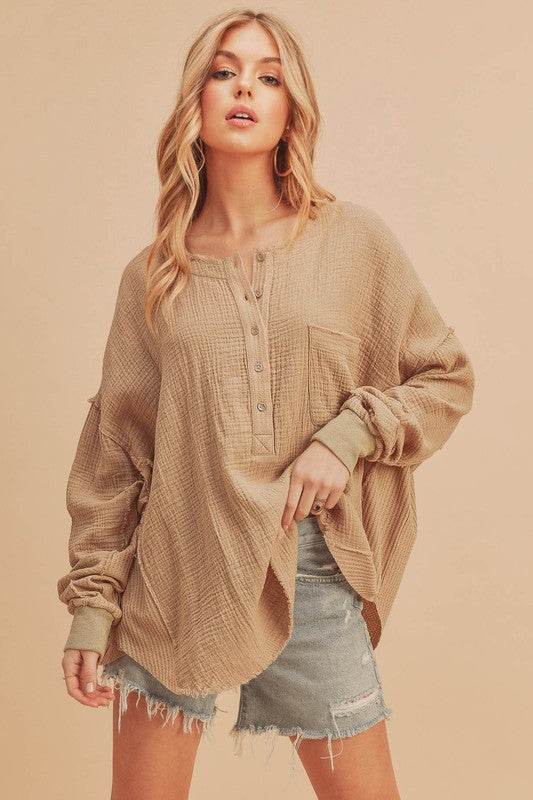 Aemi + Co Exposed Seam Raw Hem Half Button Top in Oatmeal - us.meeeshop