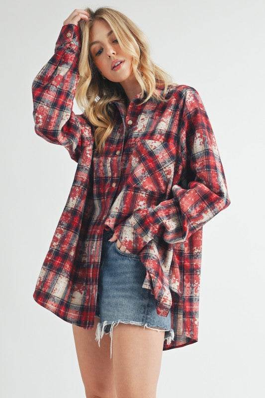 Aemi + Co Washed Plaid Button Up Raglan Sleeve Flannel Shirt in Scarlet - us.meeeshop