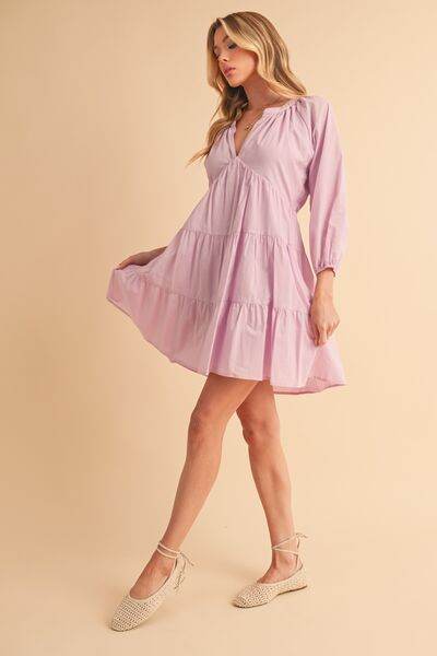 Aemi + Co Notched Balloon Sleeve Tiered Mini Dress - us.meeeshop