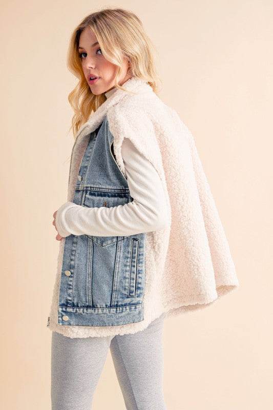 Aemi + Co Fake Two Pieces Denim Patch Sherpa Vest Coat - us.meeeshop