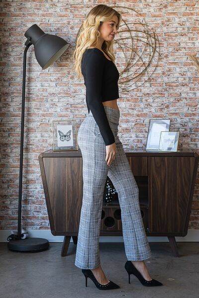 Heimish Full Size Plaid Flare Pants with Wide Waist Band Plus Size - us.meeeshop