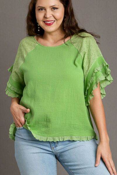 Umgee Cotton Gauze Round Neck Ruffle Eyelet Layered Sleeve Blouse Plus Size - us.meeeshop