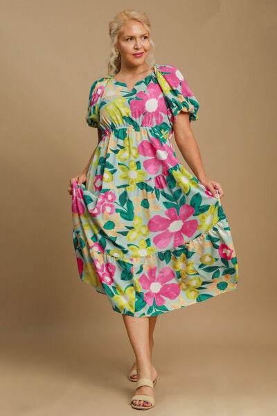 Umgee Tiered Floral Print Notched Puff Sleeve Midi Dress Plus Size - us.meeeshop