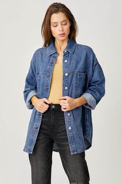 RISEN Button Up Drop Shoulder Denim Shacket - us.meeeshop