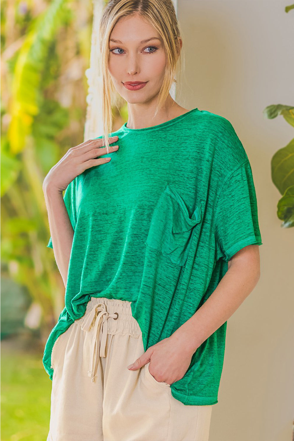 Zenana Pocketed Round Neck Dropped Shoulder T-Shirt | us.meeeshop
