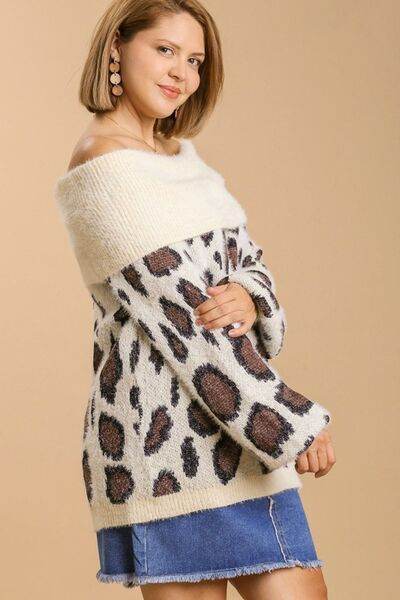 Umgee Leopard Off-Shoulder Long Sleeve Sweater Plus Size - us.meeeshop